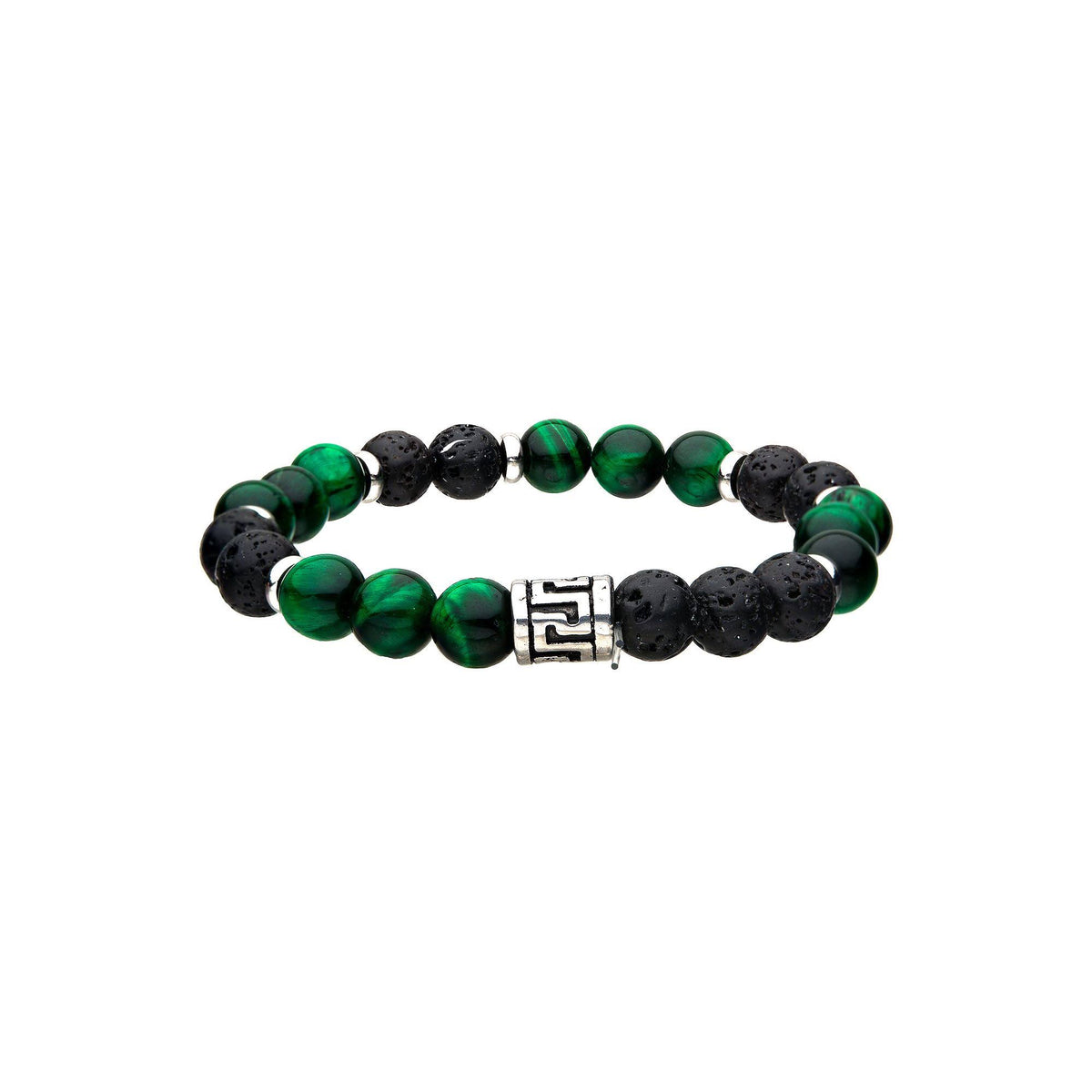 Stainless Steel Lava Bead & Green Tiger's Eye Bead Bracelet K7054