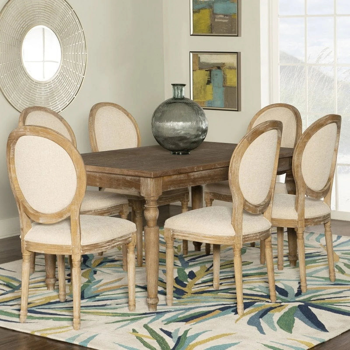 Natural Brown Elm Wood Linen Oval Back Chair Set of 2 J93343