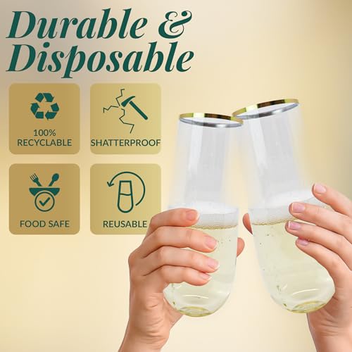 50 Pack 9oz Clear Gold Rim Stemless Plastic Champagne Flutes Y90141