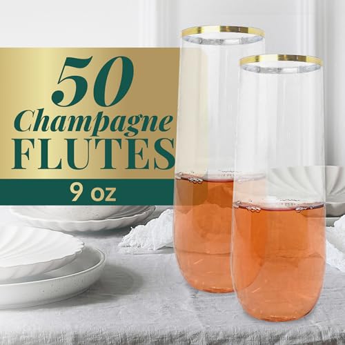 50 Pack 9oz Clear Gold Rim Stemless Plastic Champagne Flutes Y90141