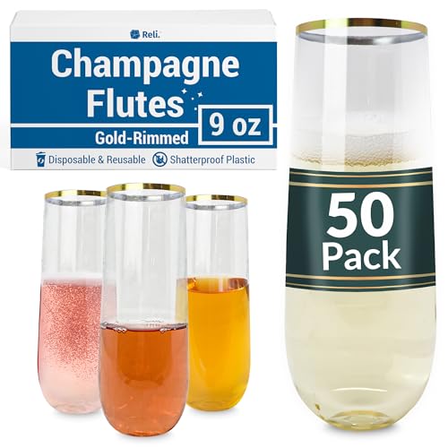 50 Pack 9oz Clear Gold Rim Stemless Plastic Champagne Flutes Y90141