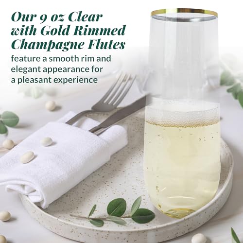 50 Pack 9oz Clear Gold Rim Stemless Plastic Champagne Flutes Y90141