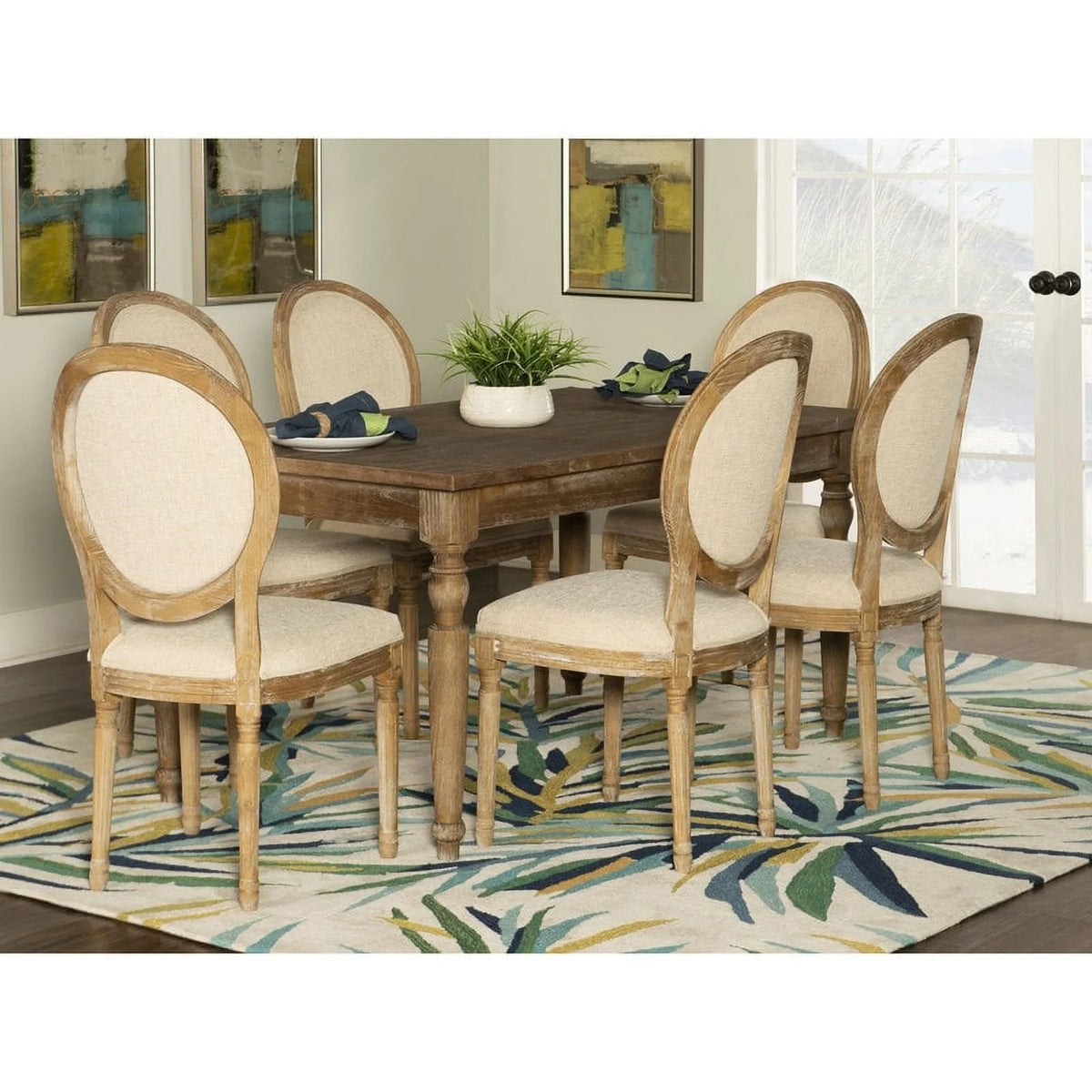 Natural Brown Elm Wood Linen Oval Back Chair Set of 2 J93343