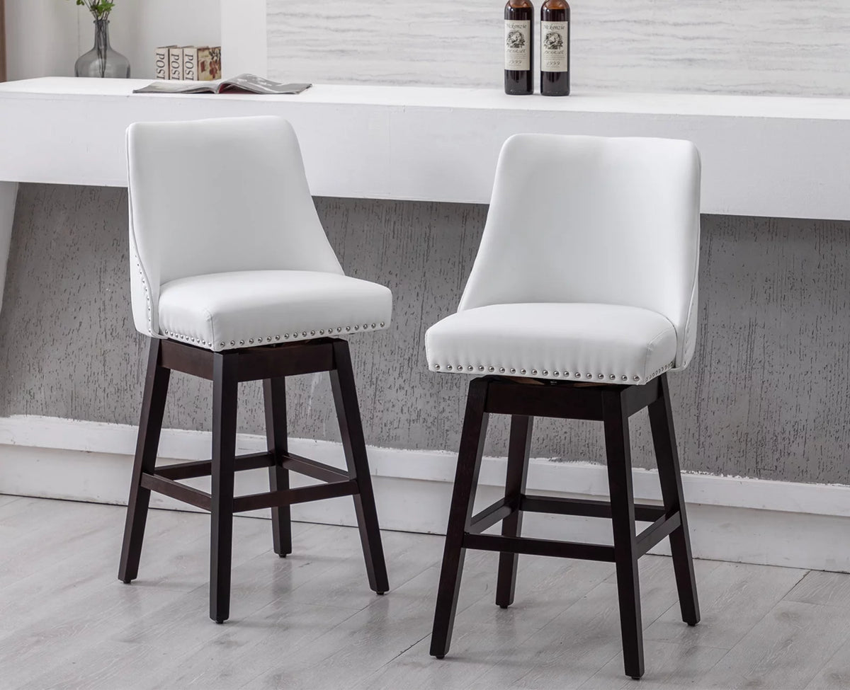27.5 Inch Swivel Bar Stool Set of 2 White Faux Leather Q805